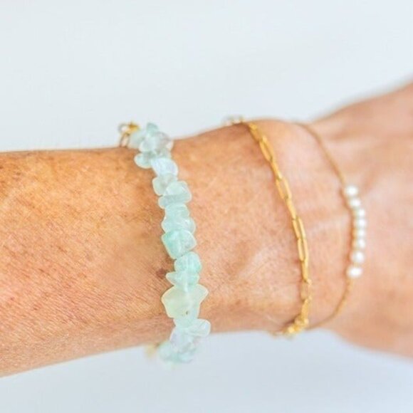 Beachy Aqua colored Fluorite Gemstone Bracelet Waterproof paperclip Chain - Picture 2 of 6
